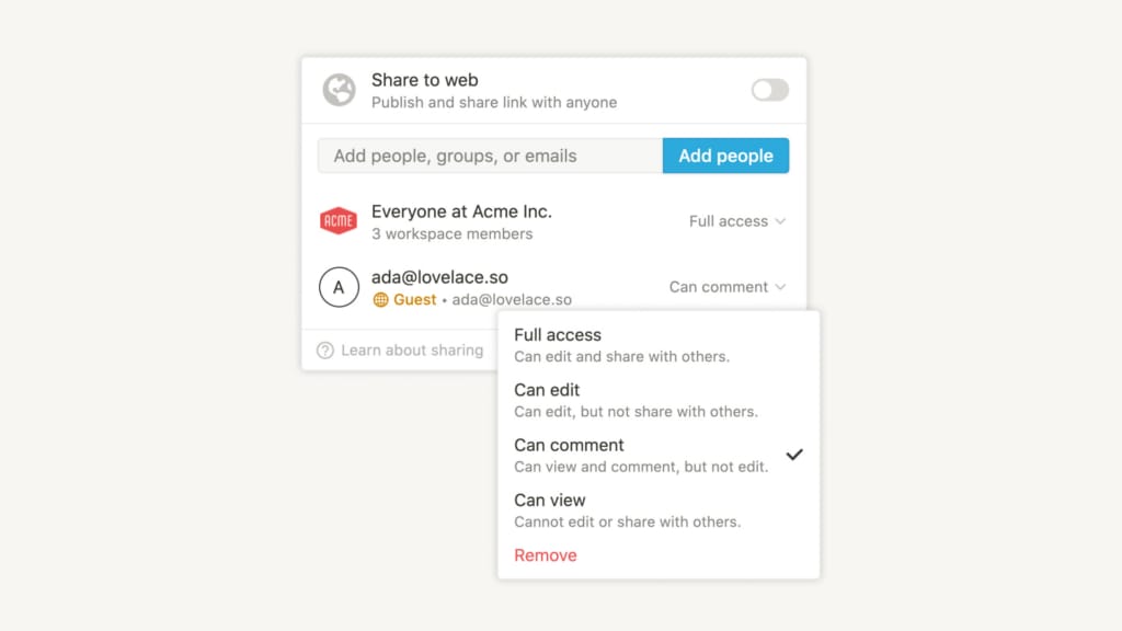 Notion 문서 공유 설정 메뉴: ‘전체 액세스’, ‘편집 가능’, ‘댓글만 가능’, ‘읽기만 가능’ 권한이 표시되고, 한 사용자는 ‘댓글만 가능’으로 설정된 모습.