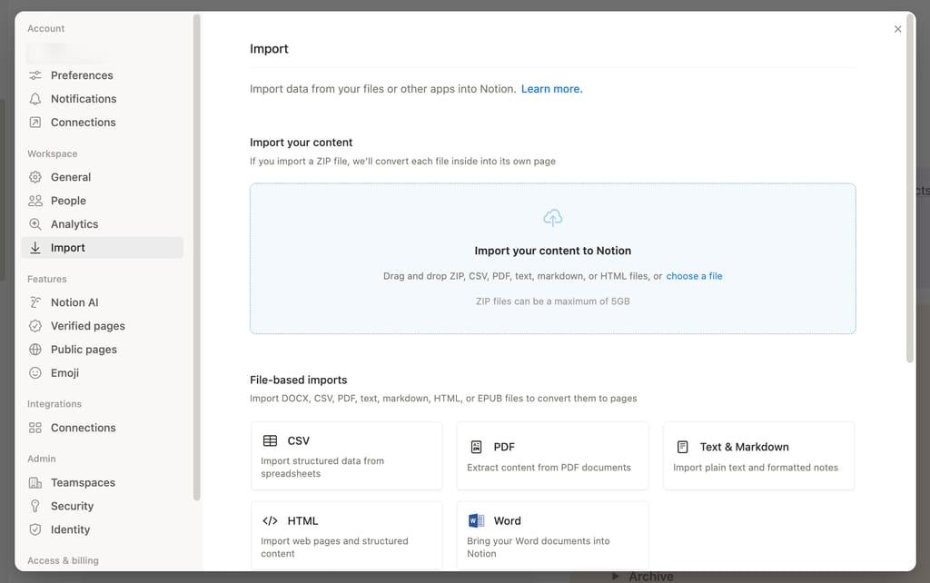 Notion's Import screen under Settings, showing the drag-and-drop area and the file-based import options.