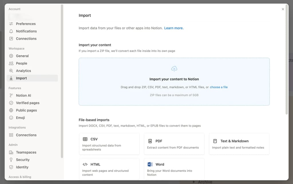 Notion's Import screen under Settings, showing the drag-and-drop area and the file-based import options.