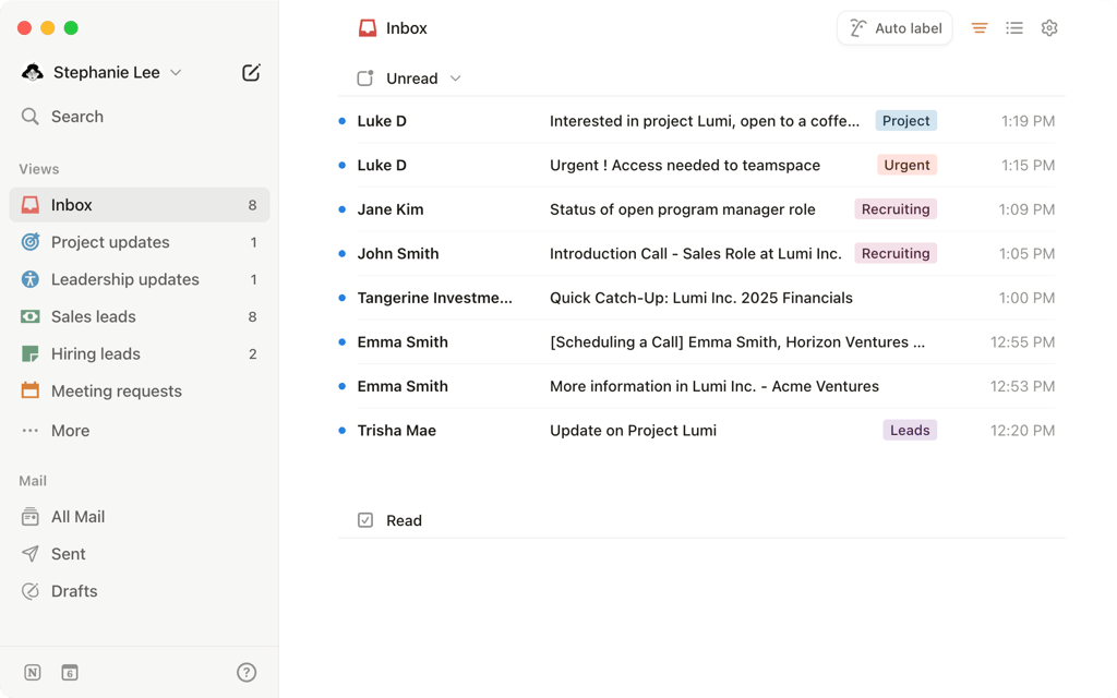 Notion Mail inbox showing auto-labeled views, email list, and AI compose features