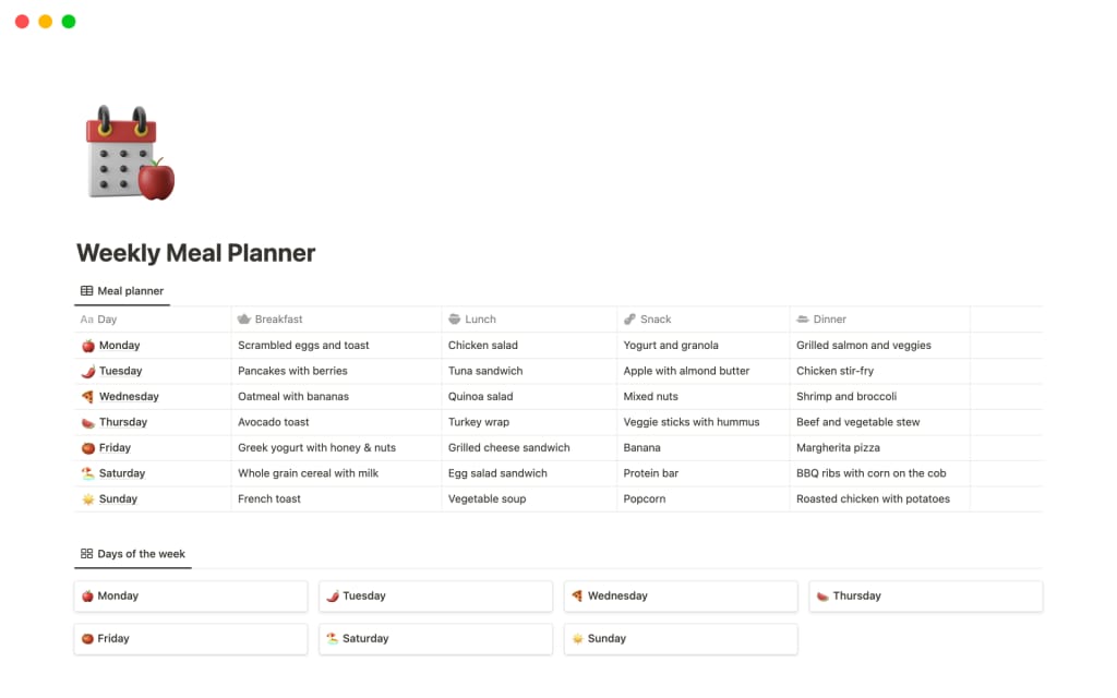 Notion Meal Planner 템플릿 스크린샷