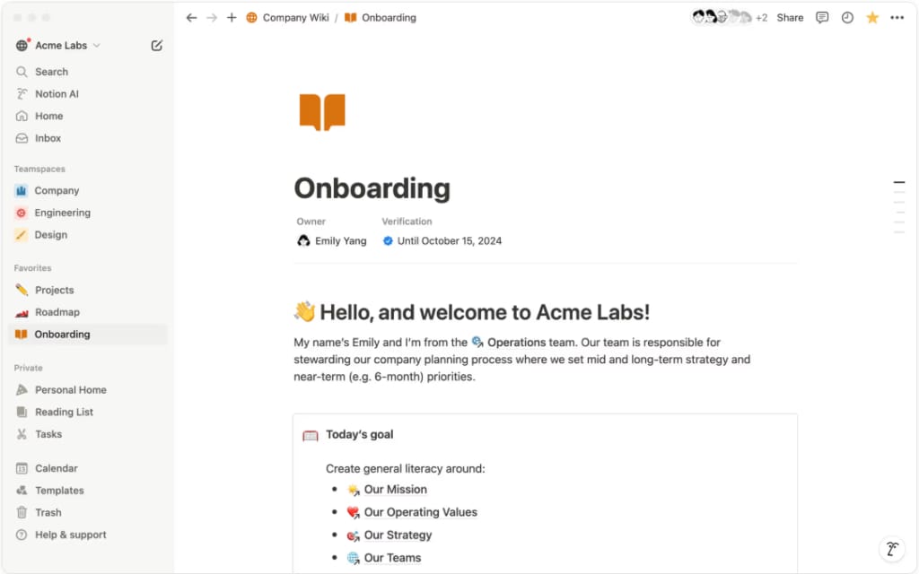 Screenshot of a Notion onboarding page