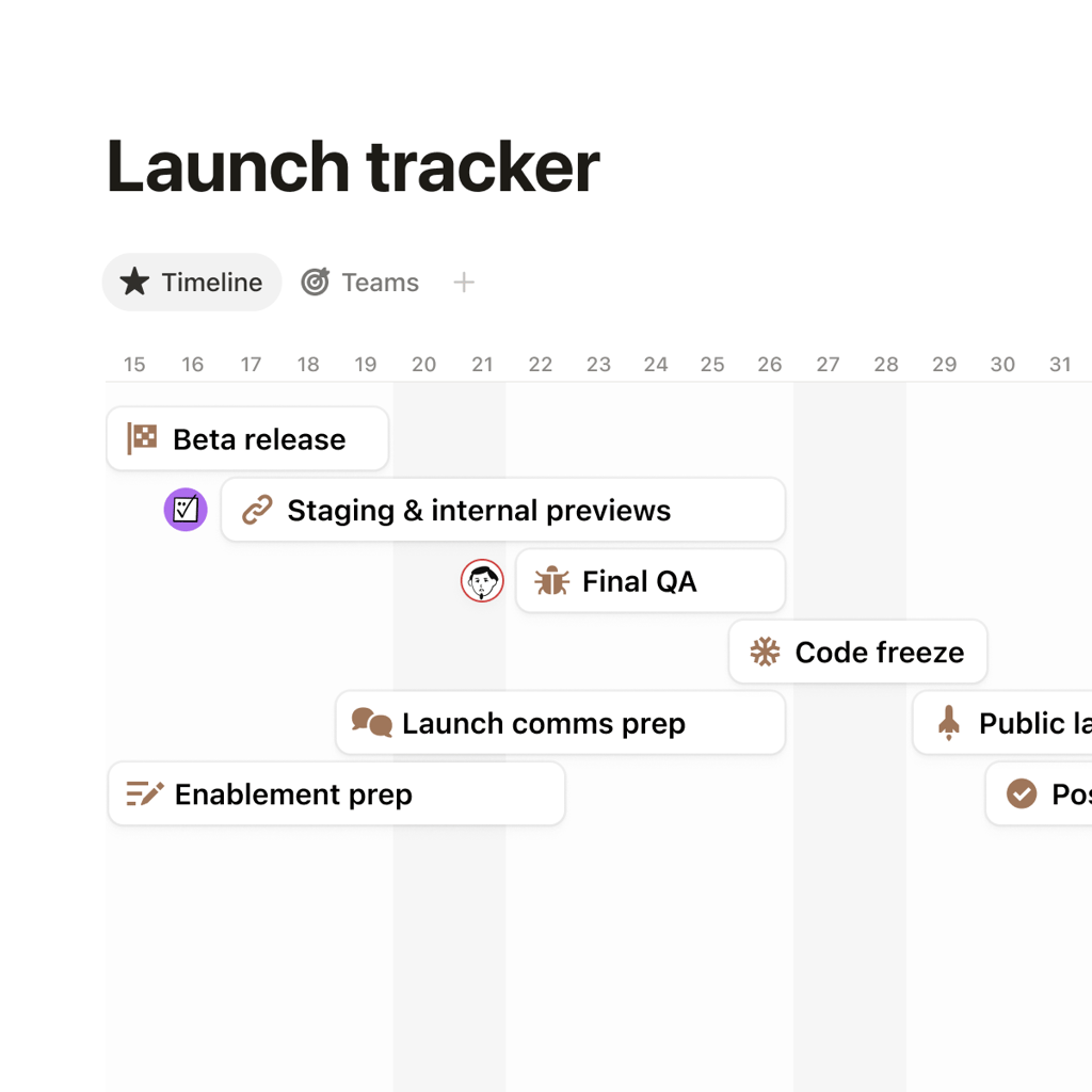 Notion project management view showing timeline, board, and table layouts side by side