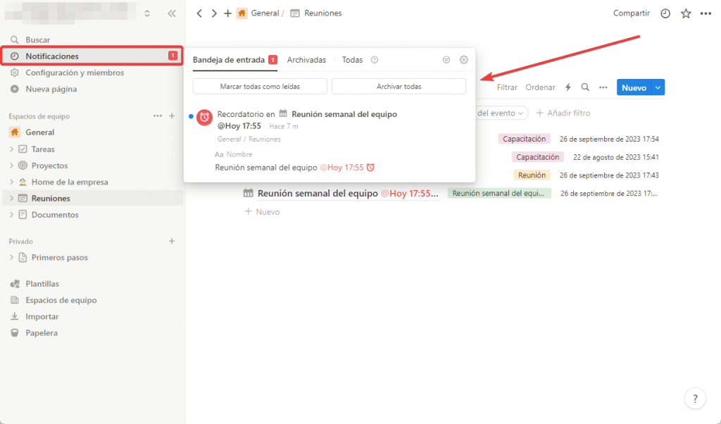 Ejemplo de notificaciones de recordatorios de Notion