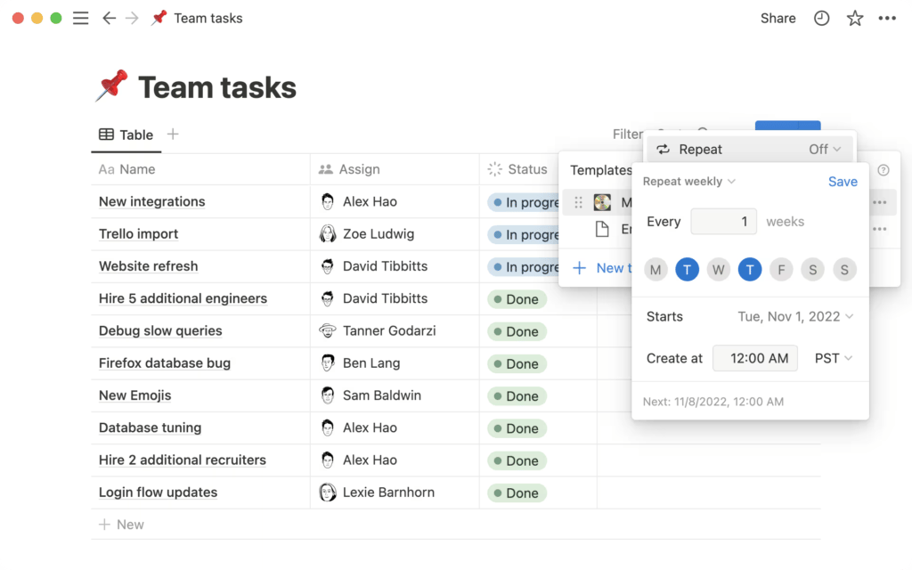 Notion에서 작업, 담당자, 상태가 보이는 리스트와 '반복' 옵션 창. 반복 주기와 시작 시간을 설정하는 모습.