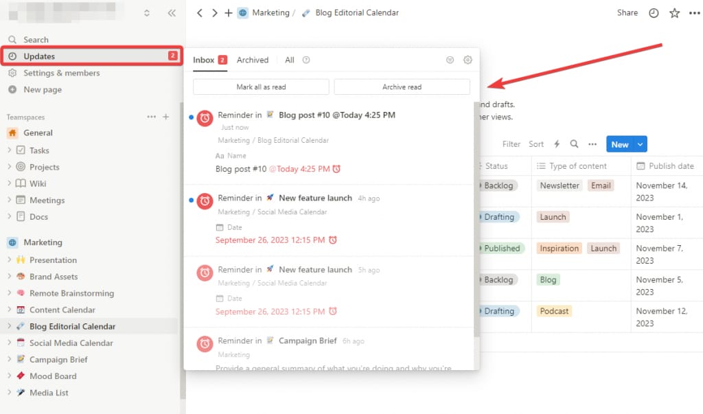 업데이트 섹션의 Notion 리마인더 알림 예시