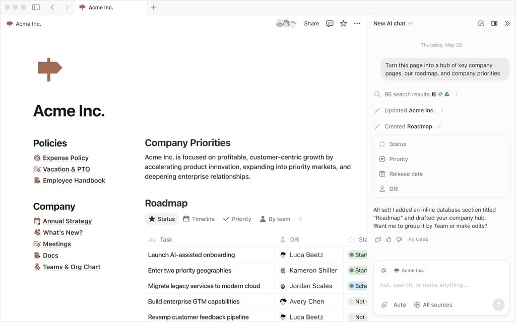 Notion 워크스페이스, 환영 메시지·오늘의 목표·오른쪽 AI 채팅 패널이 표시된 온보딩 페이지
