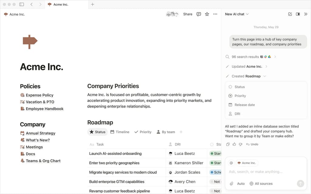A Notion workspace showing an onboarding page with a welcome message, today's goals, and an AI chat panel on the right side.