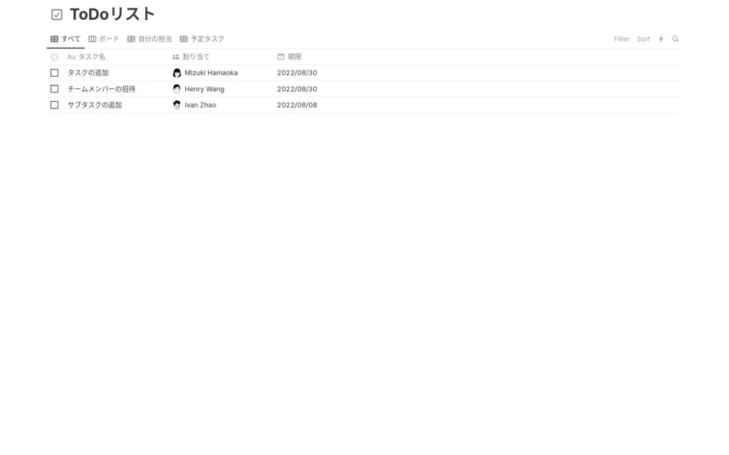 日本語のNotion to-doリストには、4つのタスクが表示され、それぞれ別の人に割り当てられ、期日と完了のチェックボックスがついている