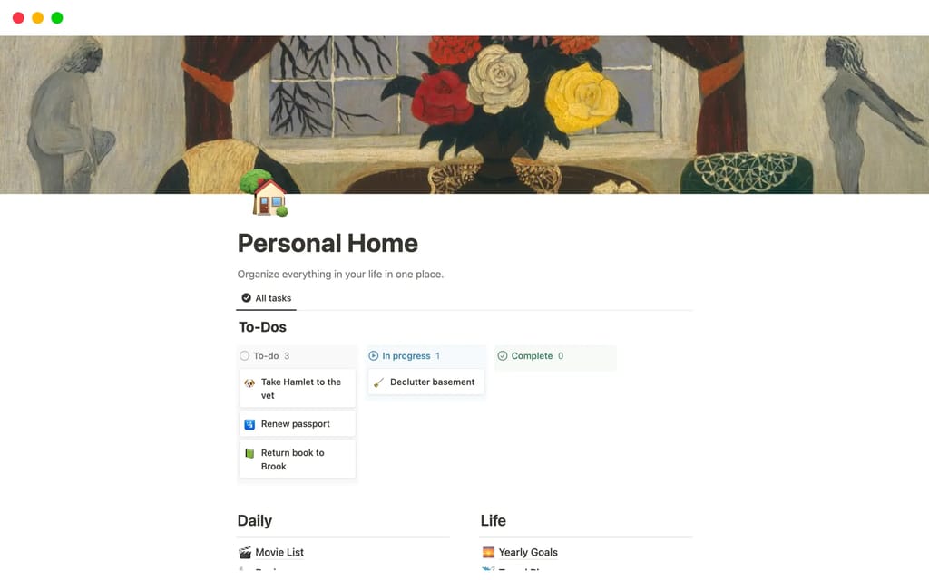 Personal Home template showing a centralized dashboard with links to recipes, fitness goals, contact lists, and daily tasks