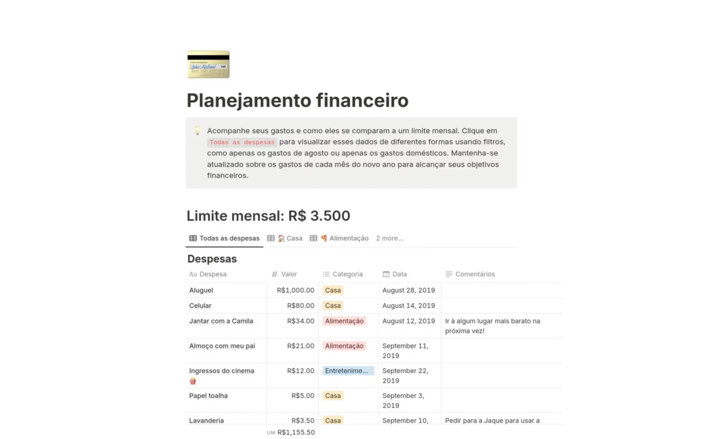 Captura de tela do modelo Planejamento financeiro
