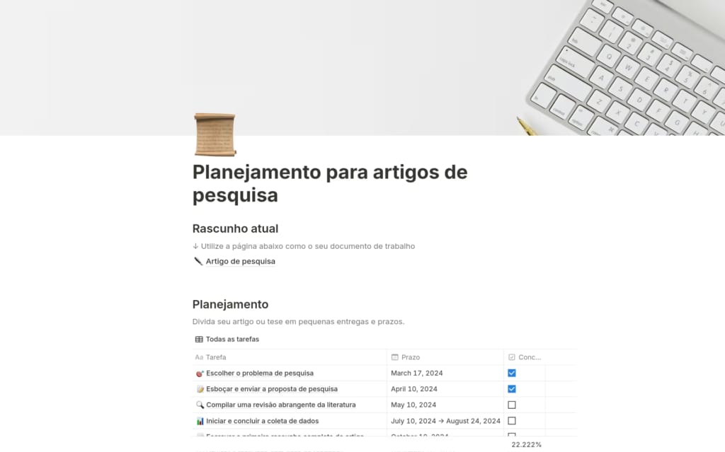 Template Planejamento para artigos de pesquisa no Notion com lista de etapas do trabalho acadêmico, prazos e status de conclusão.