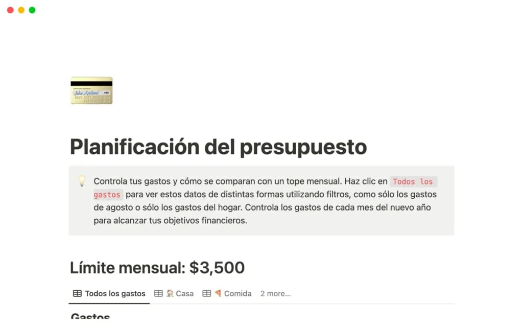 Captura de pantalla de la plantilla Planificación del presupuesto