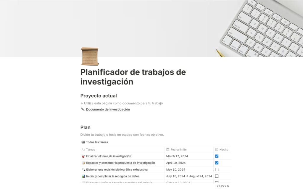 Captura de pantalla de la plantilla Planificador de trabajos de investigación en Notion