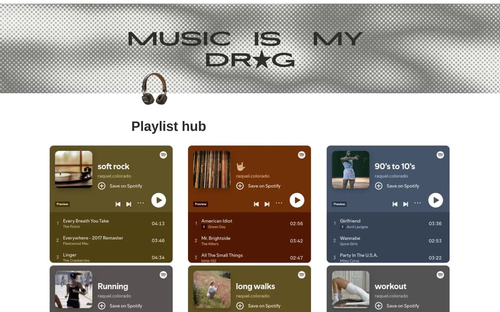 Playlist Hub template showing curated playlist cards with cover images and mood categories
