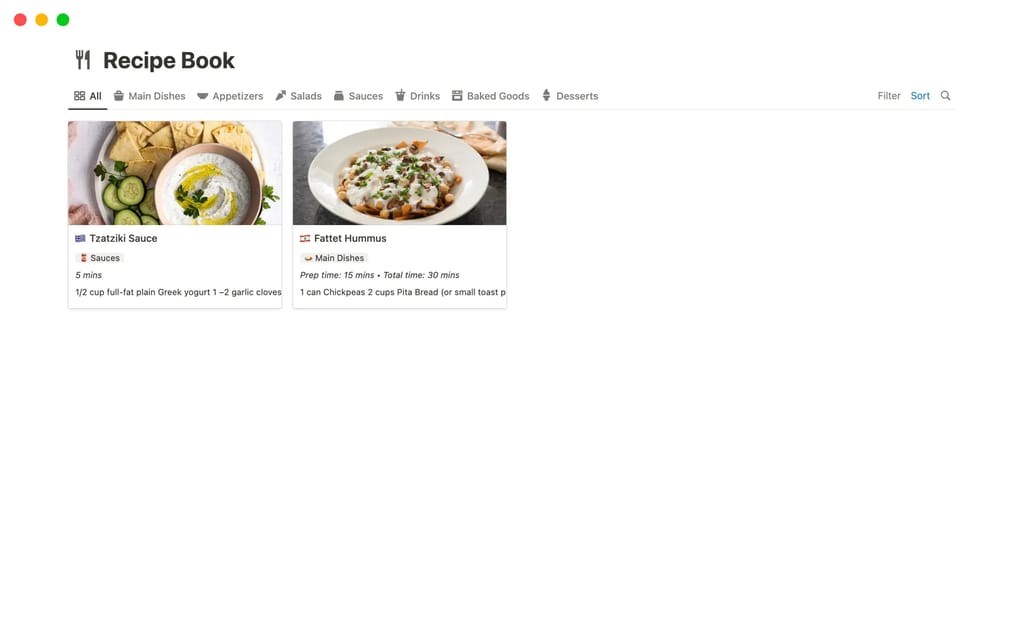 Recipe Book template showing a minimalist gallery of recipe cards organized by category
