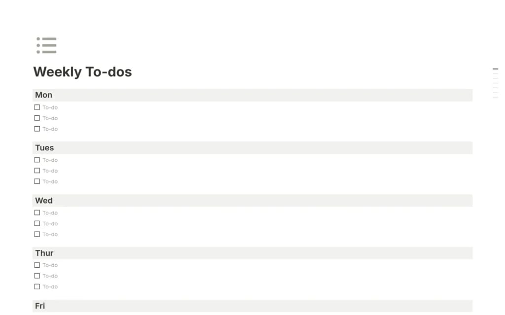 Template Simple Weekly To-do List do Notion