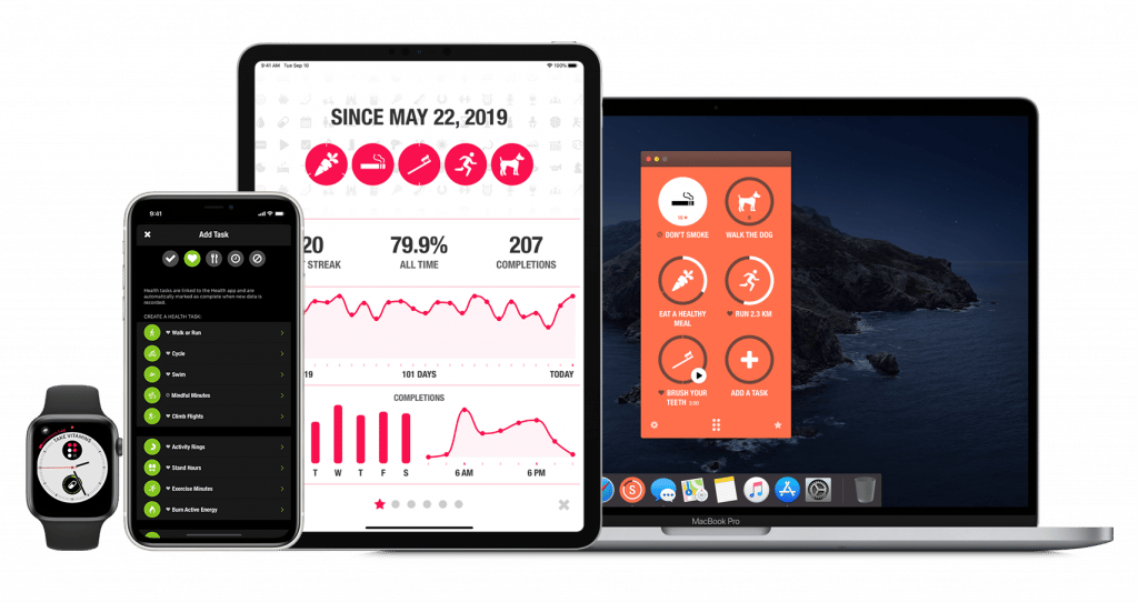 iPhone, iPad, Apple Watch에서 Streaks 해빗트래커를 보여주며, 매일 해야 할 항목과 스트릭 진행 상황이 표시된 화면.