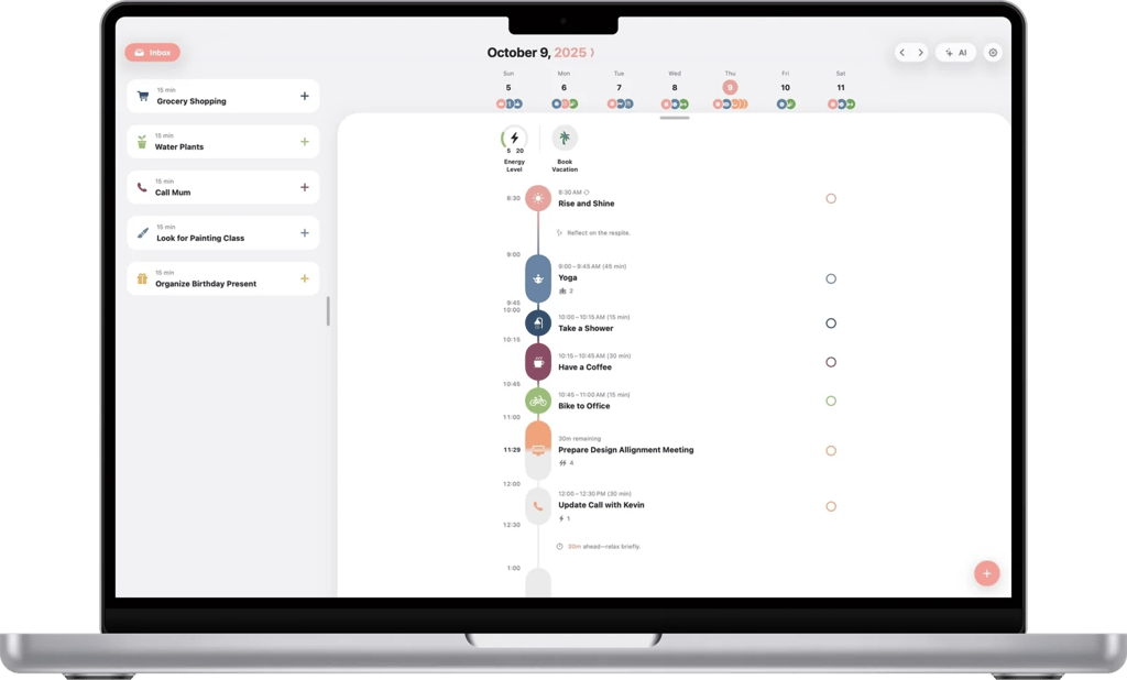 Structured daily planner web app showing a day timeline with tasks and calendar events