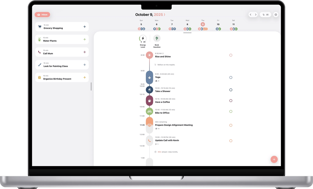 Application web Structured affichant une frise chronologique de la journée avec tâches et événements de calendrier