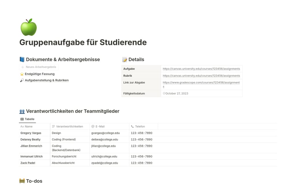 Notion-Vorlage Gruppenaufgabe für Studierende mit Aufgabenliste, Deliverables und Verantwortlichkeiten der Teammitglieder.