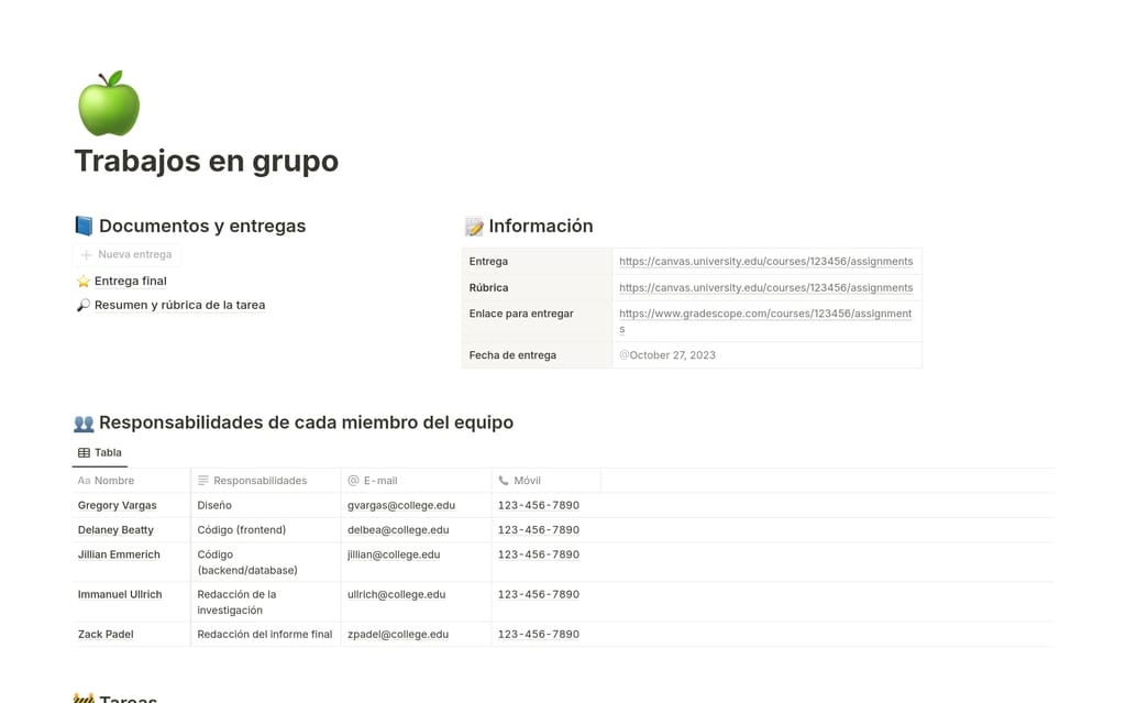 Captura de pantalla de la plantilla Trabajos en grupo en Notion