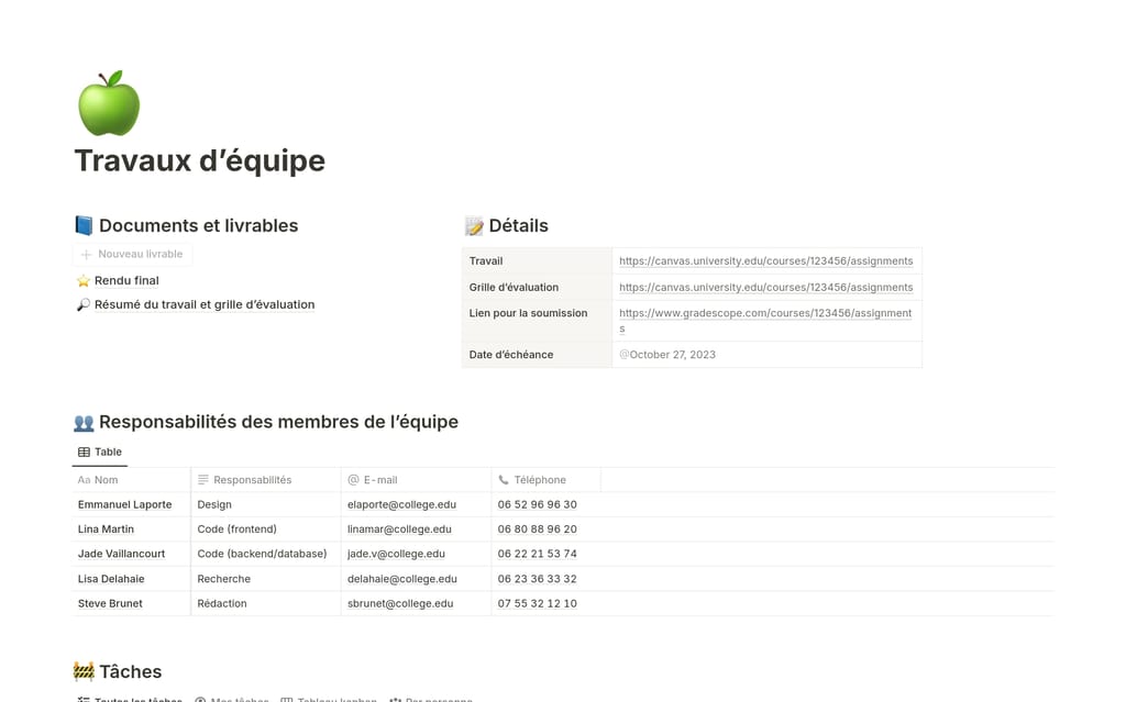 Modèle Notion Travaux d’équipe listant tâches de groupe, livrables et responsabilités des membres.