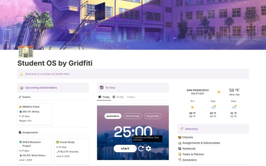 Gridfiti의 Student OS 노션 템플릿: 과제, 수업, 트래커 등 학생용 올인원 대시보드