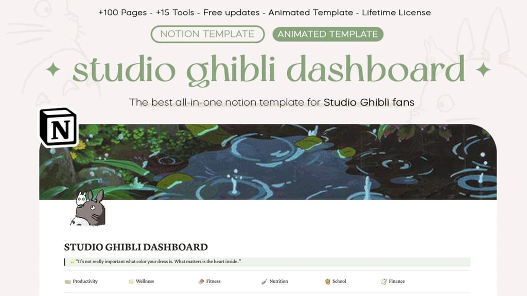 Studio Ghibli Life Planner Notion-Vorlage mit Anime-inspirierten Grafiken und Pastellfarben