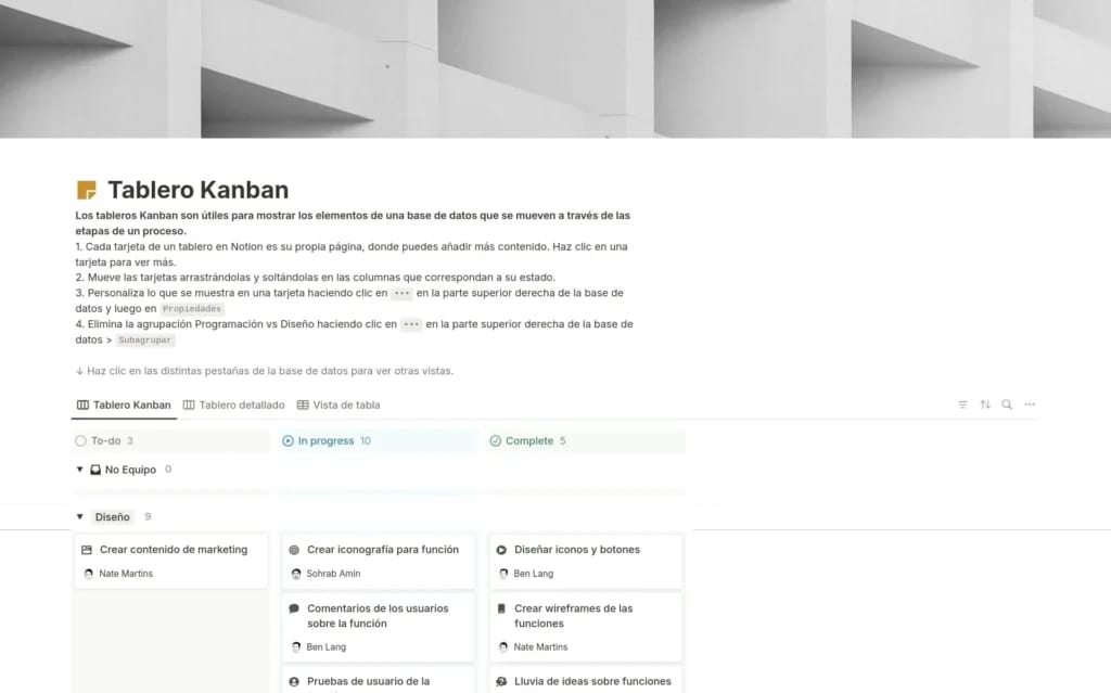 Captura de pantalla de la plantilla Tablero Kanban