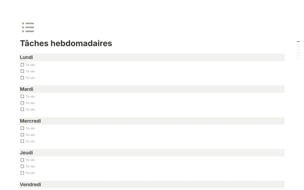 Modèle Tâches hebdomadaires