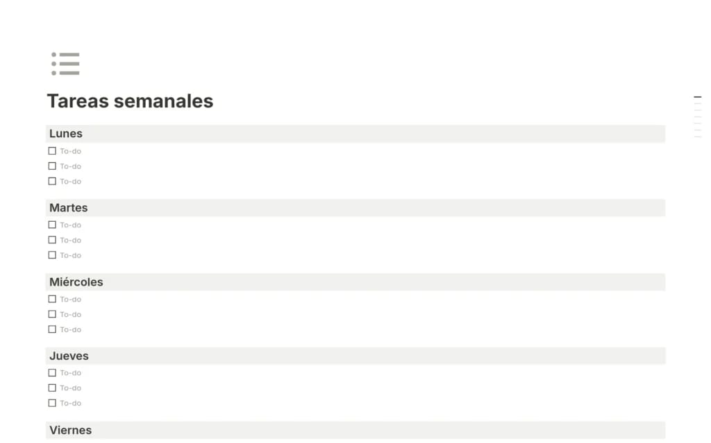 Plantilla de tareas semanales de Notion