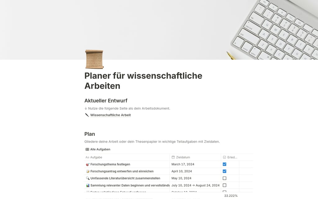 Notion-Vorlage Planer für wissenschaftliche Arbeiten mit einer Zeitachse für Meilensteine, Aufgaben und Forschungsthemen.