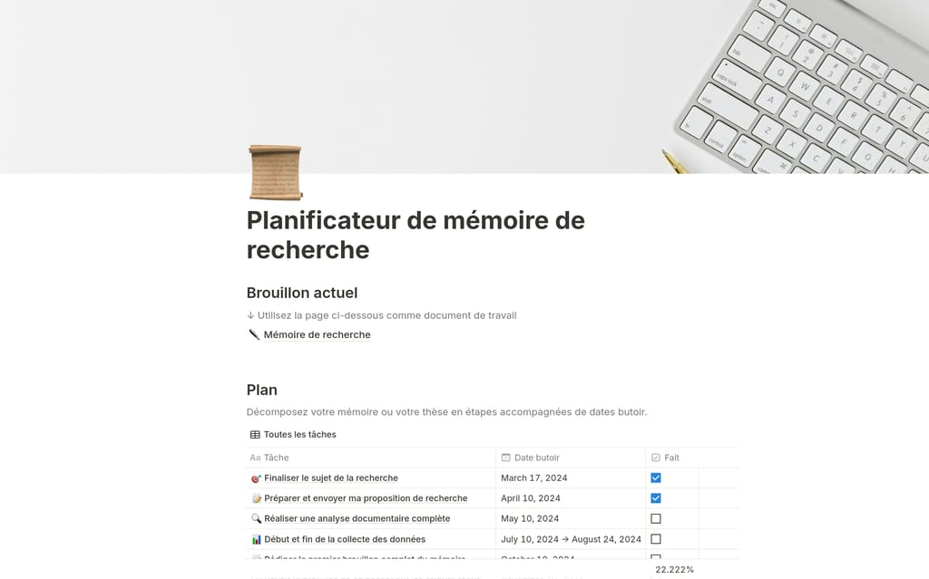 Modèle Notion Planificateur de mémoire de recherche avec chronologie des étapes, tâches et thèmes de recherche.