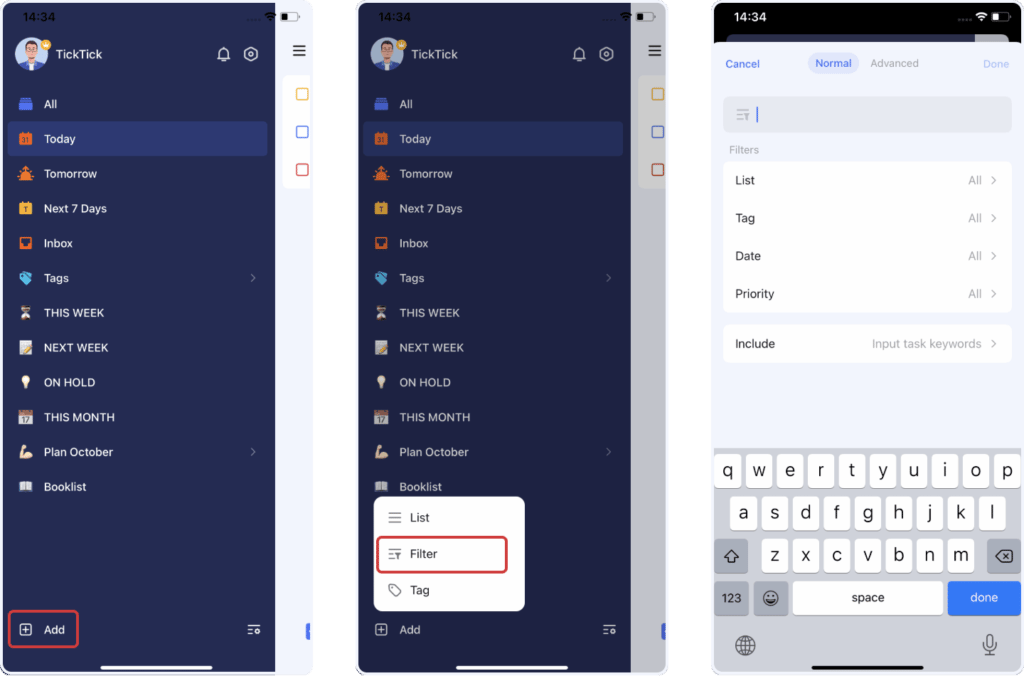 모바일 기기에서 TickTick 앱으로 필터를 추가하는 세 개의 화면—메뉴 탐색, 필터 선택, 필터 세부 정보 입력 후 저장 장면이 보여진다.