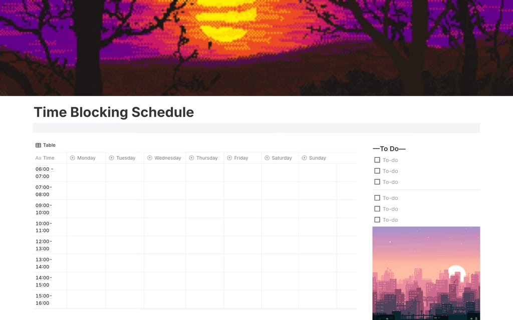 Plantilla Time Blocking Schedule de KyberlinX con cuadrícula de horario diario, franjas de tiempo por colores y entradas de tareas