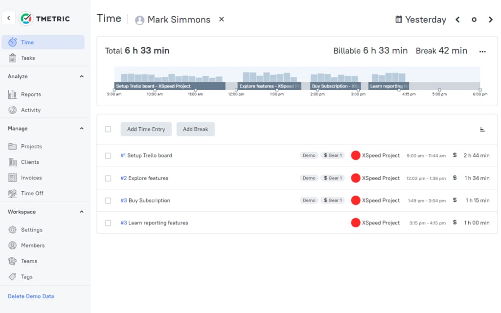 TMetric 웹 대시보드의 Time 보기, 기간은 어제. 타임라인과 총 6시간 33분, 청구 가능 시간과 휴식 포함, 그리고 프로젝트와 소요 시간이 표시된 작업 목록.
