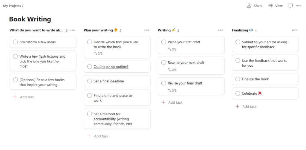 Todoist의 책 쓰기 프로젝트 스크린샷. 프로젝트는 네 개의 섹션으로 나뉘어 있습니다: 무엇을 쓸 것인가?, 글쓰기 계획, 글쓰기, 마무리. 각 섹션에는 작업 목록이 포함되어 있습니다.
