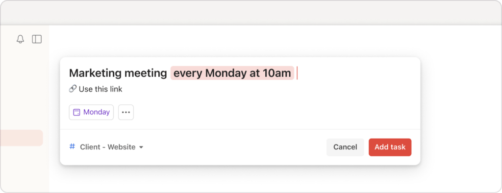 Todoist에서 'Marketing meeting' 작업에 'every Monday at 10 am'이라는 반복 간격을 설정하는 예시.