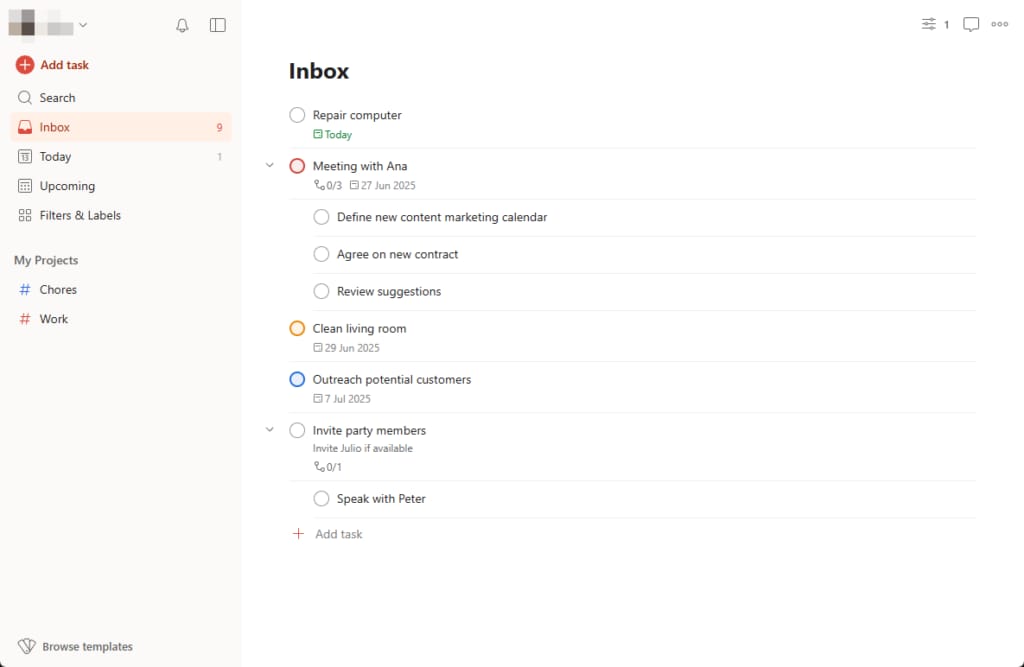 Todoist 스크린샷