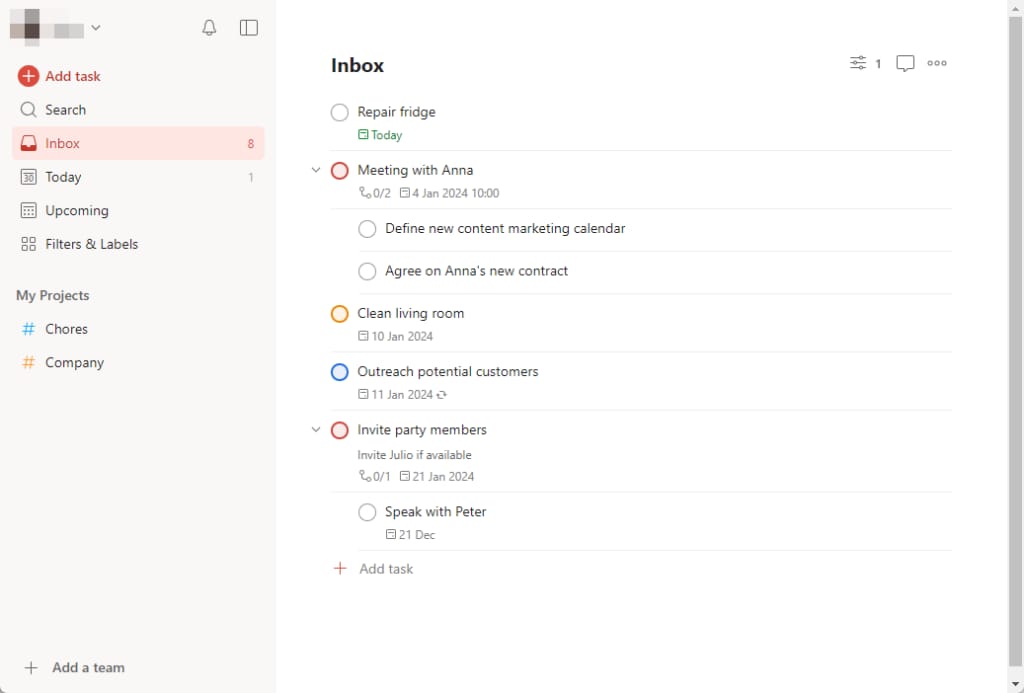 냉장고 수리, Anna와의 미팅, 잠재 고객 아웃리치 등의 작업이 수신함(Inbox) 섹션에 정리되어 있는 Todoist 스크린샷