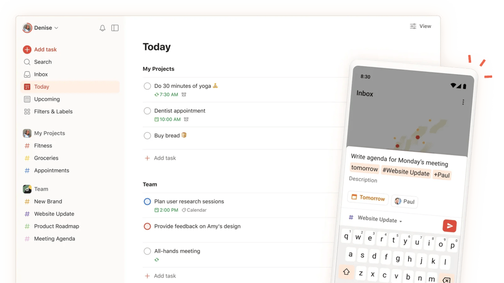 Todoist screenshot that displays a sleek to-do list with tasks, due dates, and a mobile view overlay featuring a note titled Inbox.