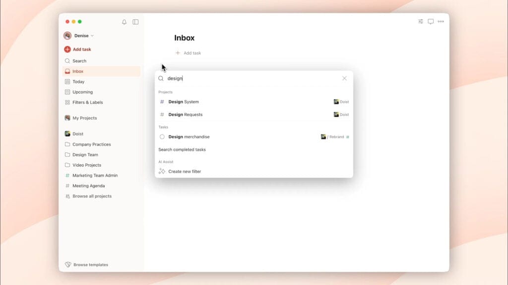 Todoist의 검색창에 'design'을 입력하자 디자인 관련 프로젝트와 작업이 리스트로 표시되는 화면