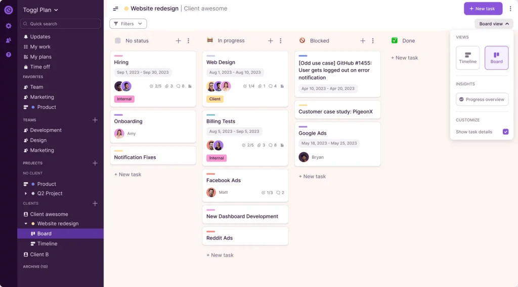 Captura de tela do Toggl Plan