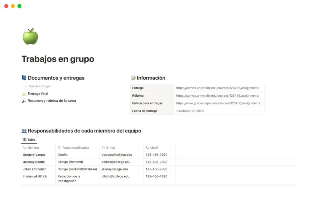 Captura de pantalla de la plantilla Trabajos en grupo en Notion
