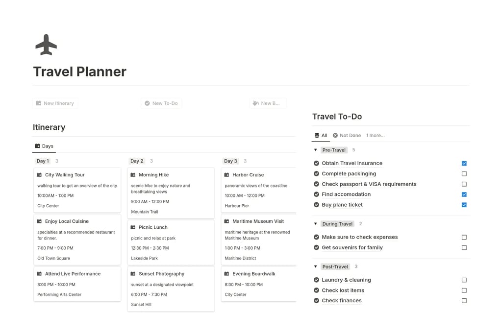 Travel Planner template showing a stylish trip planning dashboard with daily itinerary and bucket list section
