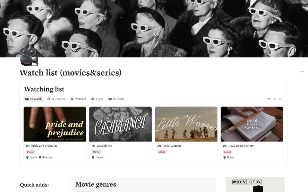 Watchlist for Movies and Series template showing a gallery layout with movie posters, status columns, and genre tags