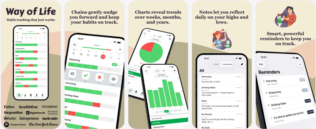 Way of Life 해빗트래커에서 색상으로 구분된 일일 기록과 막대그래프 추세 뷰를 보여주는 화면.