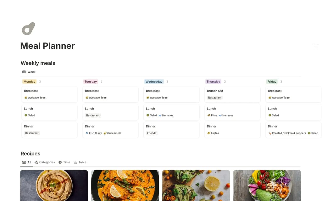 Weekly Meal Planner template showing a weekly grid with meals and a connected grocery list