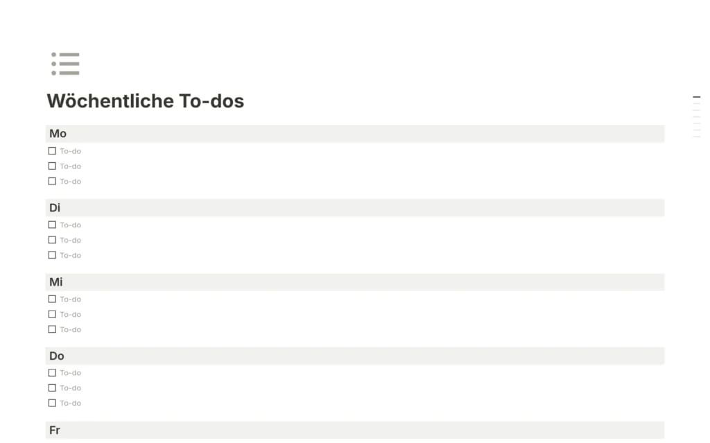 Wöchentliche To-dos Vorlage von Notion